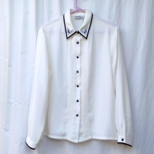 Vintage Napa Studio White Embroidered Pintuck Black Trimmed Blouse Women's 14